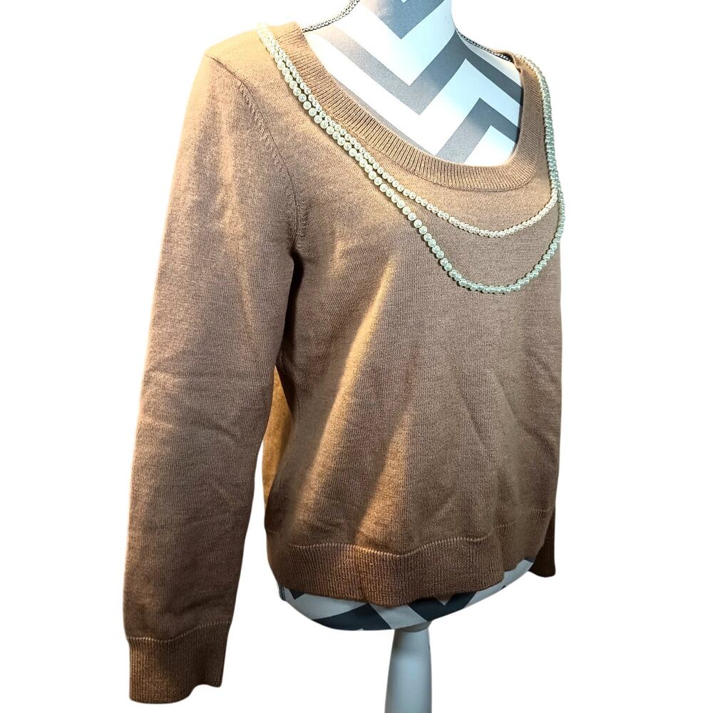 Doncaster Sport Wool Sweater with Pearl Neckline Vintage Camel Brown Large